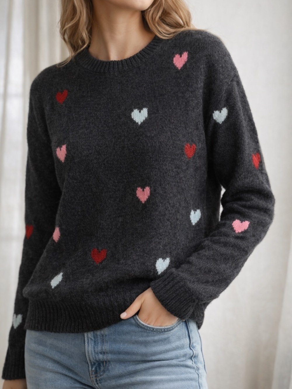St. John's Bay Charcoal Crewneck Sweater with Pink, Red & Light Blue Hearts